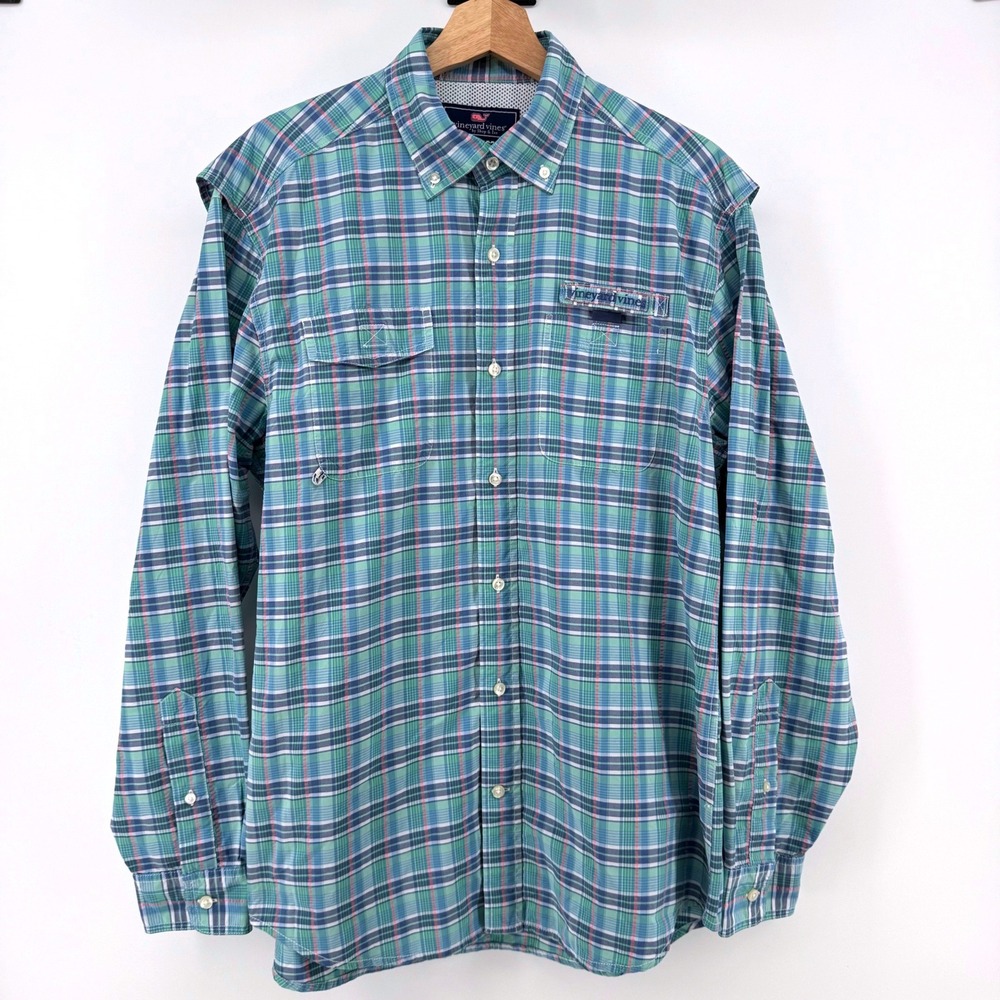 Vineyard Vines Harbor Shirt Medium Green Blue Plaid Vented Fishing Lightweight - Picture 2 of 9